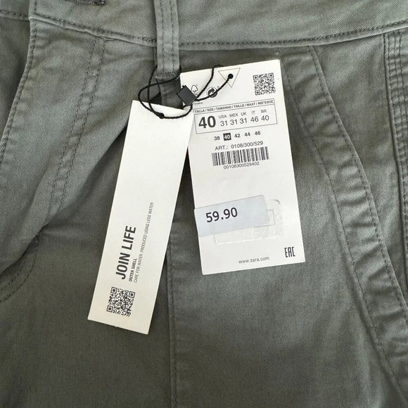 Zara Army Green High Waist Tapered Leg Stretch Cotton Cargo Pants Size 31 - Picture 10 of 12
